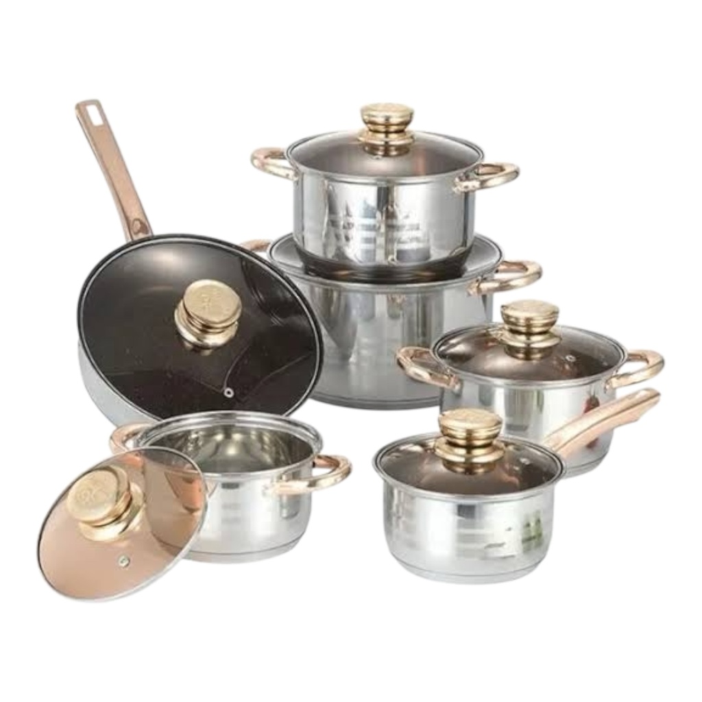 Pot Set 12pc Engelberg Stainless Steel With Gold Glass Lids 2023-111 ...
